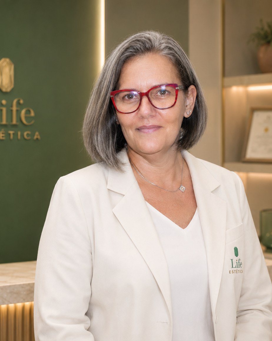 Márcia Carneiro na Life Estética, com a logomarca da clínica ao fundo